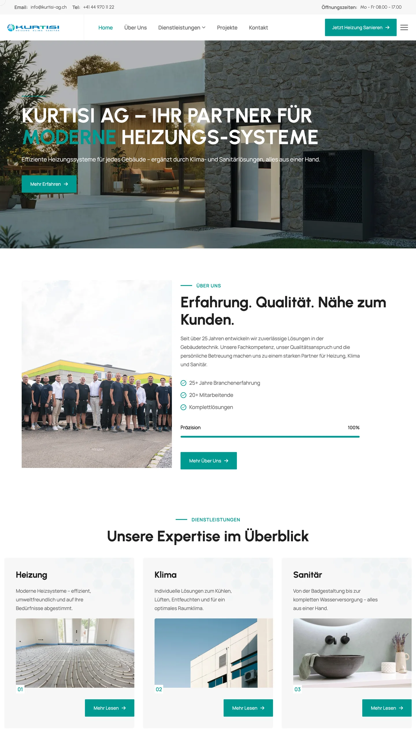 Startseite der Kurtisi AG, Heizung und Sanitär im Zürcher Oberland, auf dem Desktop: Website von Webtree